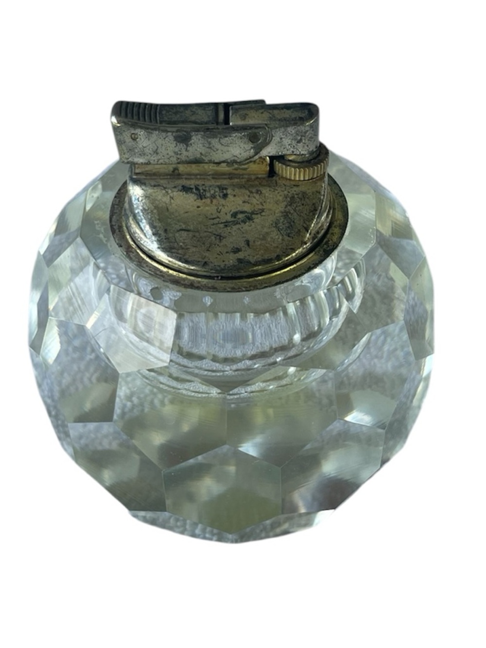 Vtg Faceted Crystal Table Lighter Metal Top Clear Hollywood Regency MCM Empty